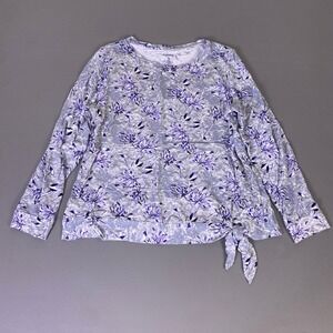 Croft & Barrow Top Women's PXL Gray Purple Floral Long Sleeve Side Tie Hem Knit